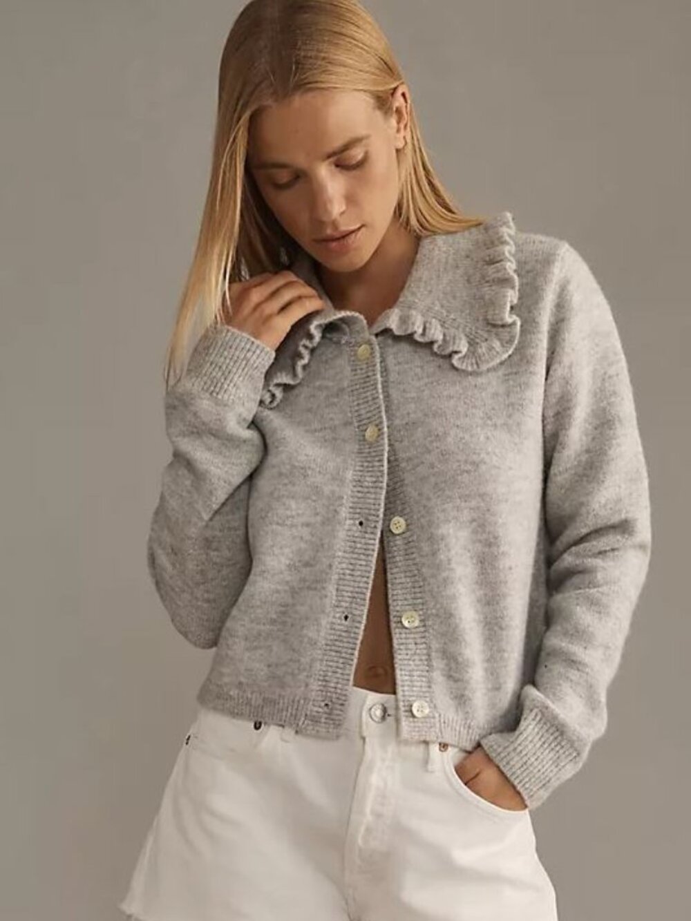 Anthropologie Self Contrast Ainsley Grey Ruffle Collar Cardigan Knit Sweater M